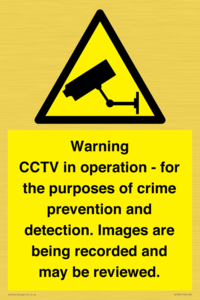 Warning CCTV in operation - for the purposes of crime prevention and detection. Images are being recorded and may be reviewed.